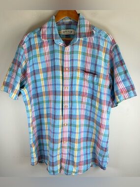 Orvis Men's Button Up Shirt Size L Multicolor Plaid Linen Cotton Blend Pocket